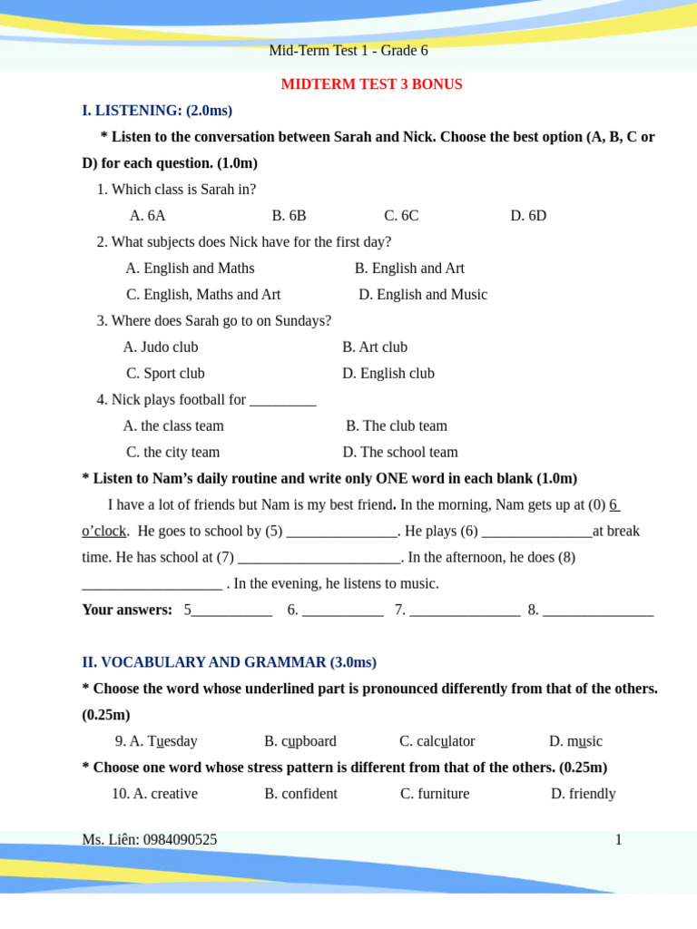 Mid-Term Test 3 - Global 6 Bonus | PDF | Linguistics