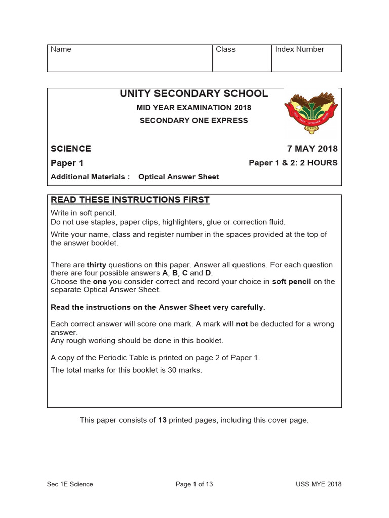 2018 Sec 1 Express Science SA1 Unity Secondary | PDF | Solubility ...