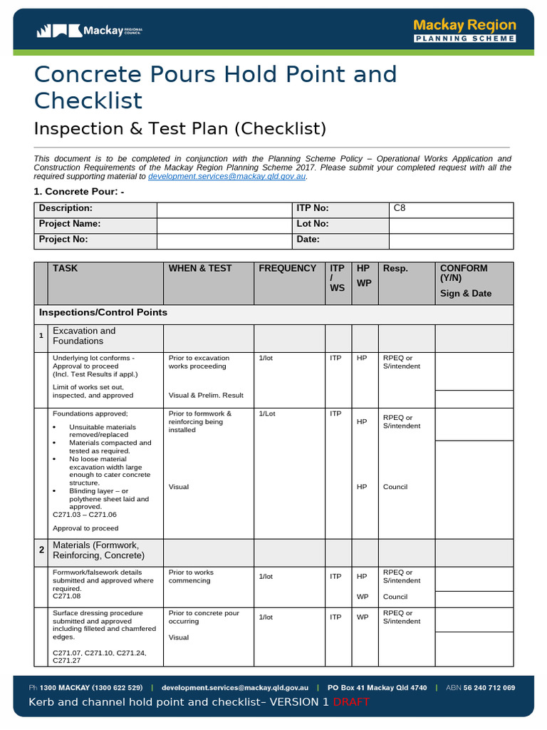 ITP Checklist 22 - Concrete Pours | PDF | Concrete | Composite Material