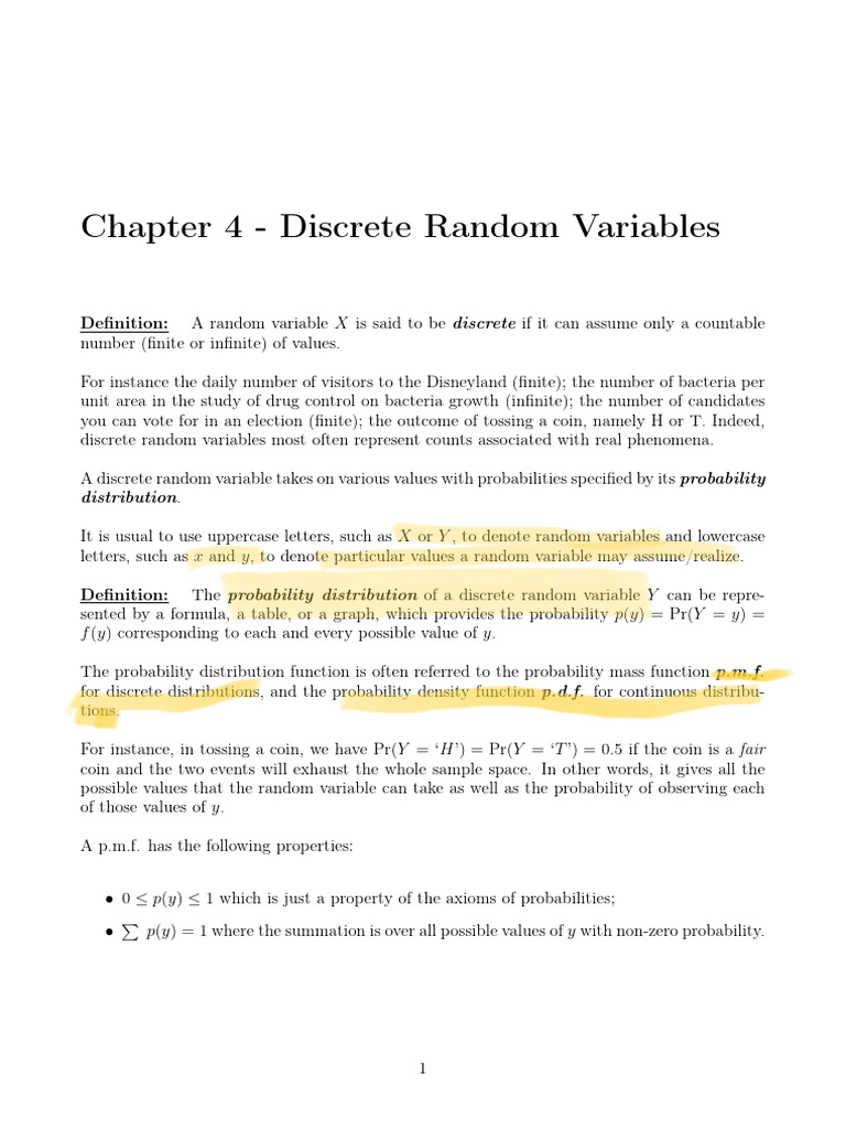 Chapter 4 Discrete Random Variables | PDF | Probability Distribution ...