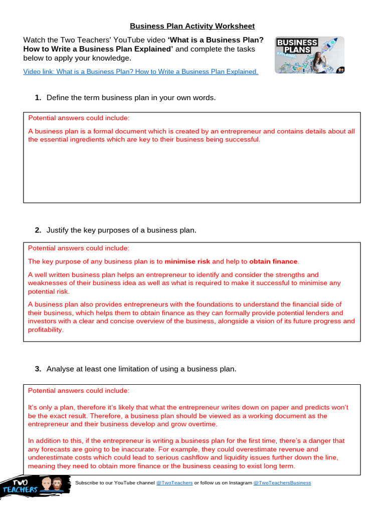 Answers - Business Plans Activity Worksheet | PDF | Entrepreneurship ...