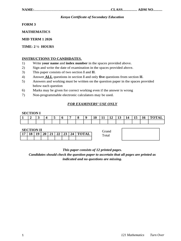2026 f3 Math Qns t1 Mid Teacher - Co .Ke | PDF | Circle | Square Root