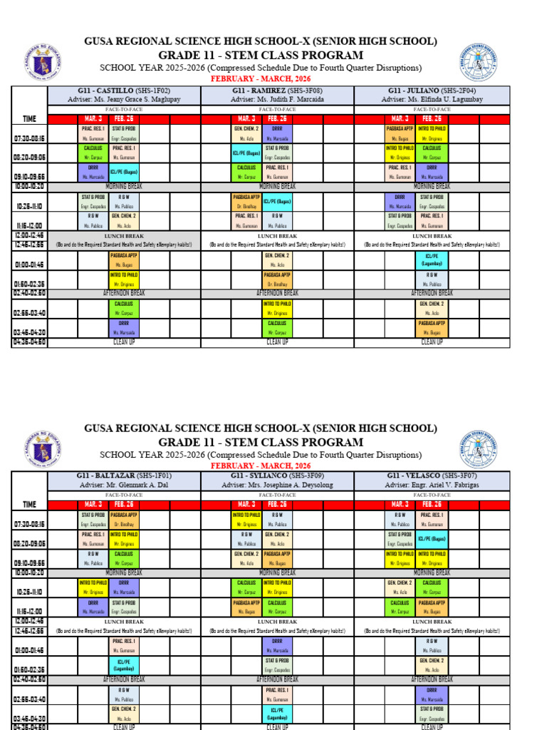 G11 SHS Compressed Schedule For 25jan26 03mar2026 | PDF