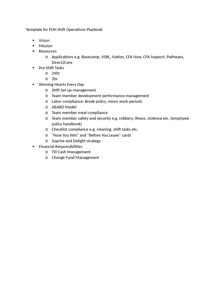 Template For FOH Shift Operations Playbook | PDF