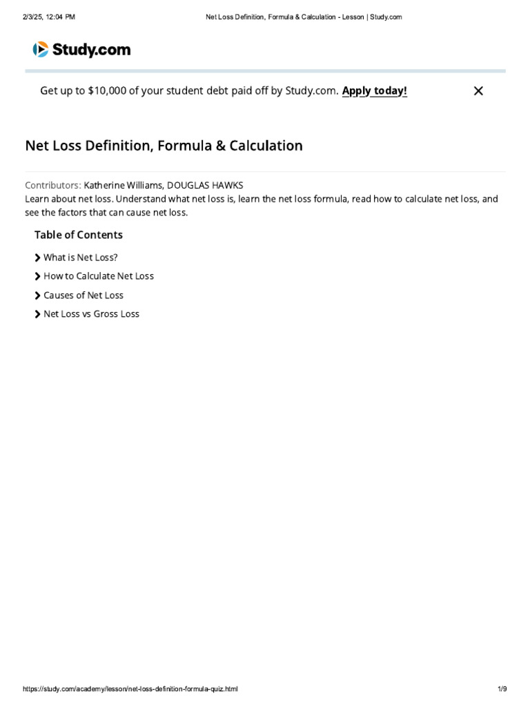 005 Net Loss Definition, Formula & Calculation - Lesson - Study | PDF