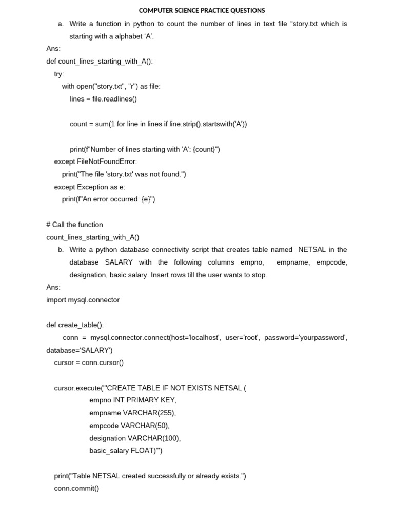 Computer Science Practical Practice Questions | PDF | Letter Case ...