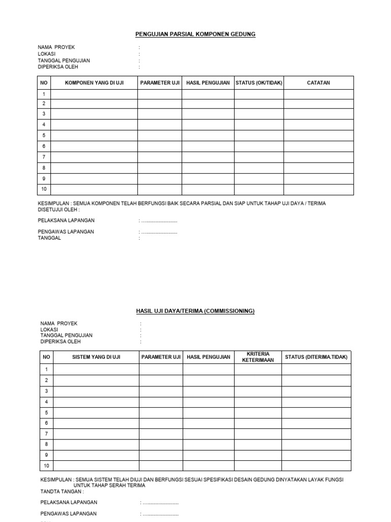 Contoh Dan Form Kosongan Defect List Dan Uji Comisioning Test | PDF