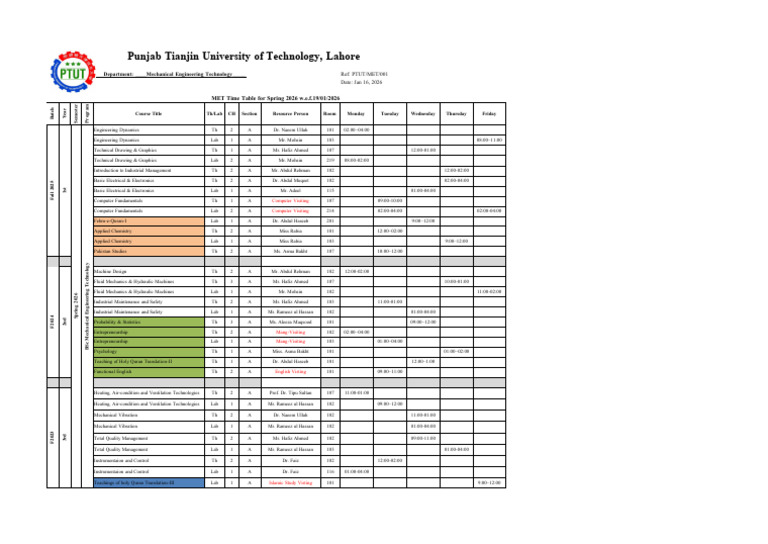 MET TimeTable Sp. 2026 - v2 | PDF | Mechanical Engineering | Engineering