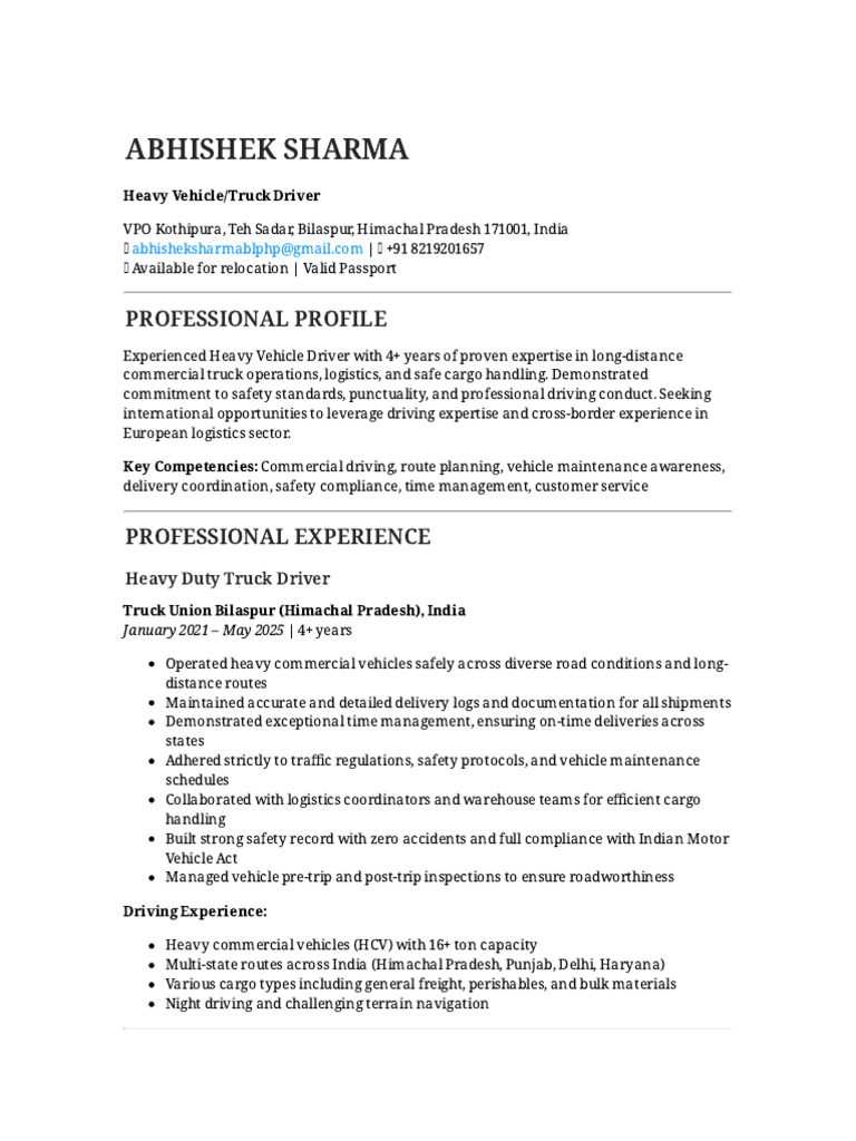 International Heavy Vehicle Driver CV | PDF | Cargo | Truck Driver