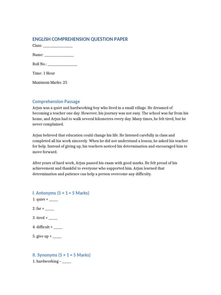Comprehension Question Paper | PDF