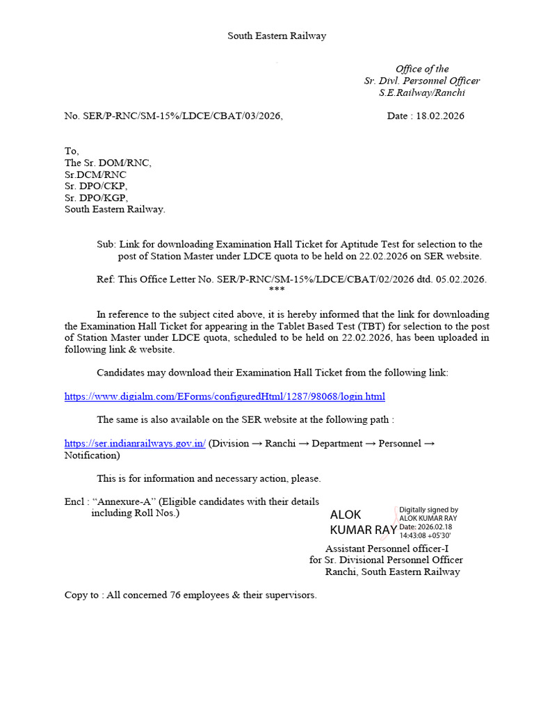 For Call Letter - Aptitude Test - SM-LDCE - RNC With Annexure-A | PDF