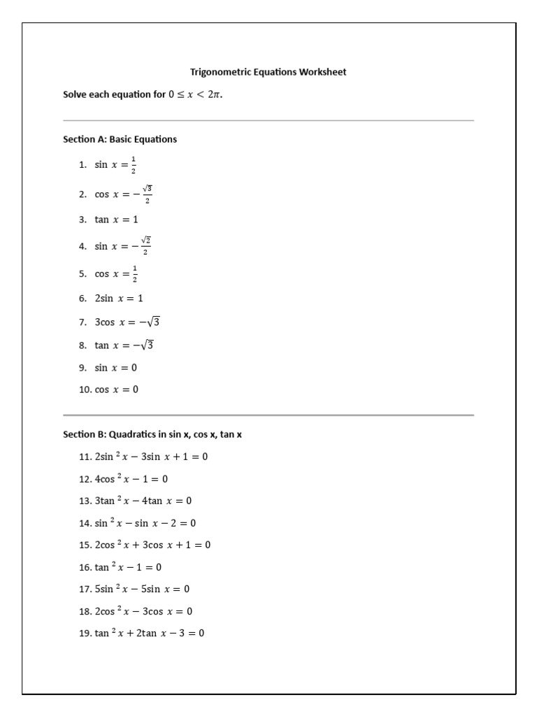 Trigonometric Equations Worksheet ADD MATHS | PDF