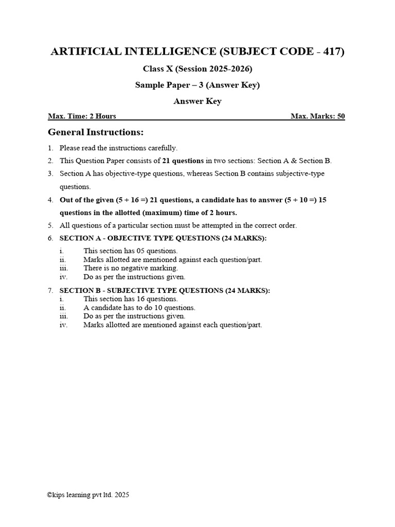 AI 10 SQP 4 Answer Key | PDF | Cognitive Science | Artificial Intelligence