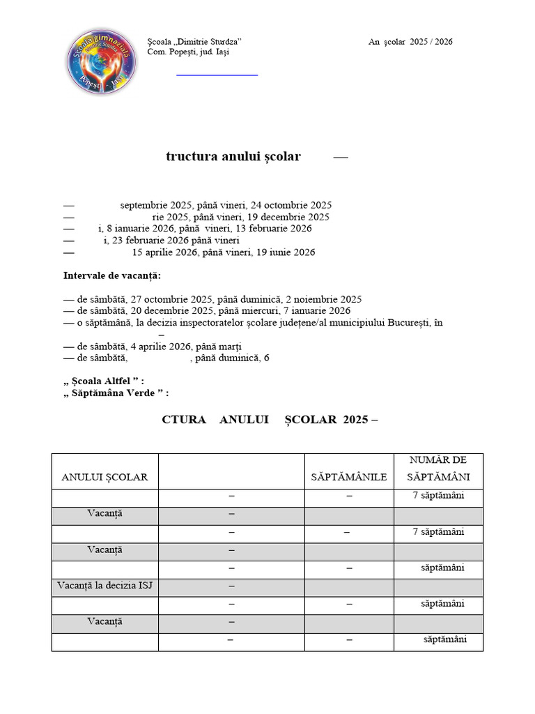 Structura An Scolar 2025-2026 | PDF