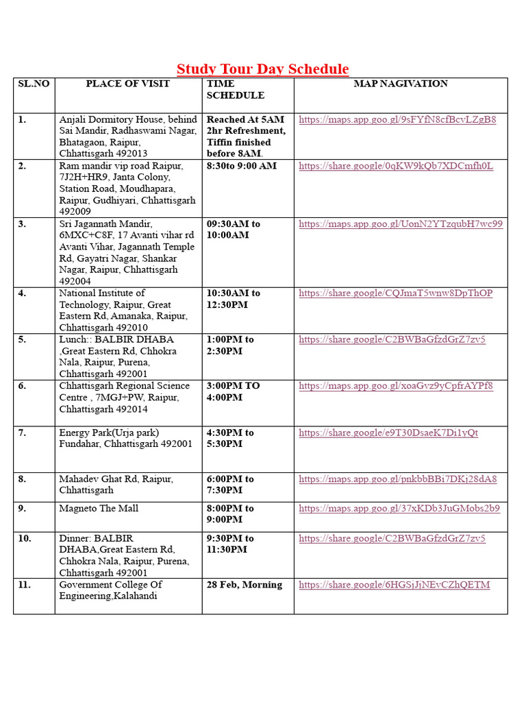 Study Tour Timetable | PDF