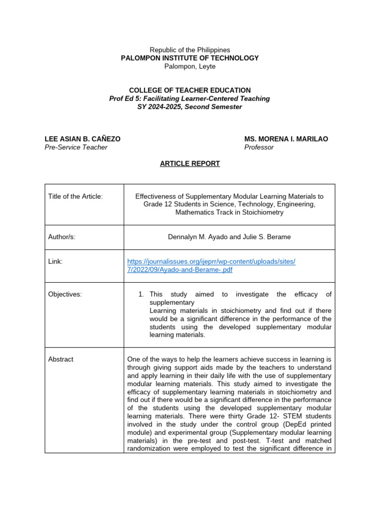 Article Report Template Prof Ed 5 | PDF | Learning | Cognition