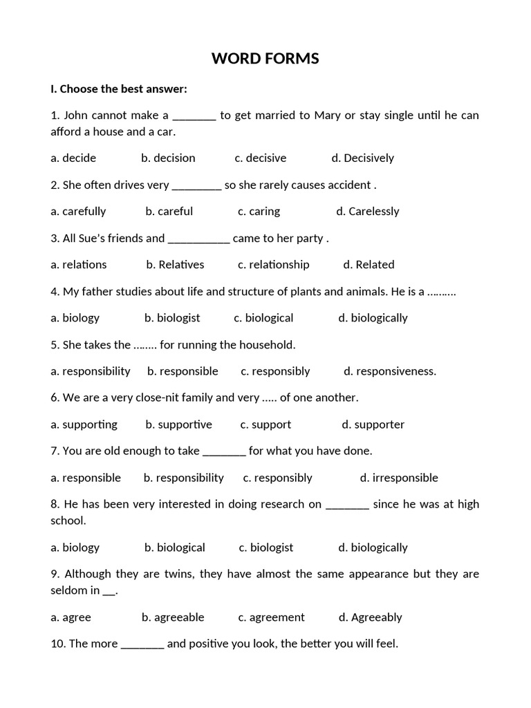 Word Forms: I. Choose The Best Answer | PDF