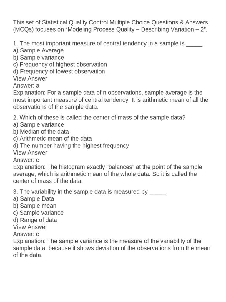 This Set of Statistical Quality Control Multiple Choice Questions | PDF ...