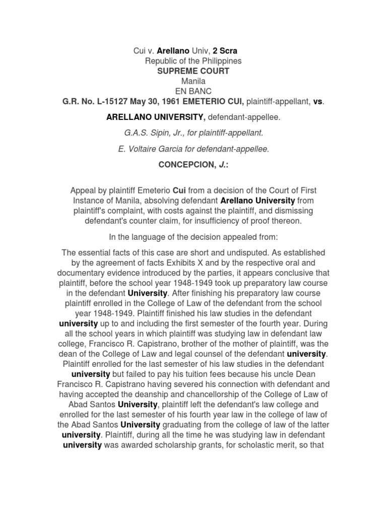 Cui vs arellano university 2 scra 205 pdf public policy doctrine