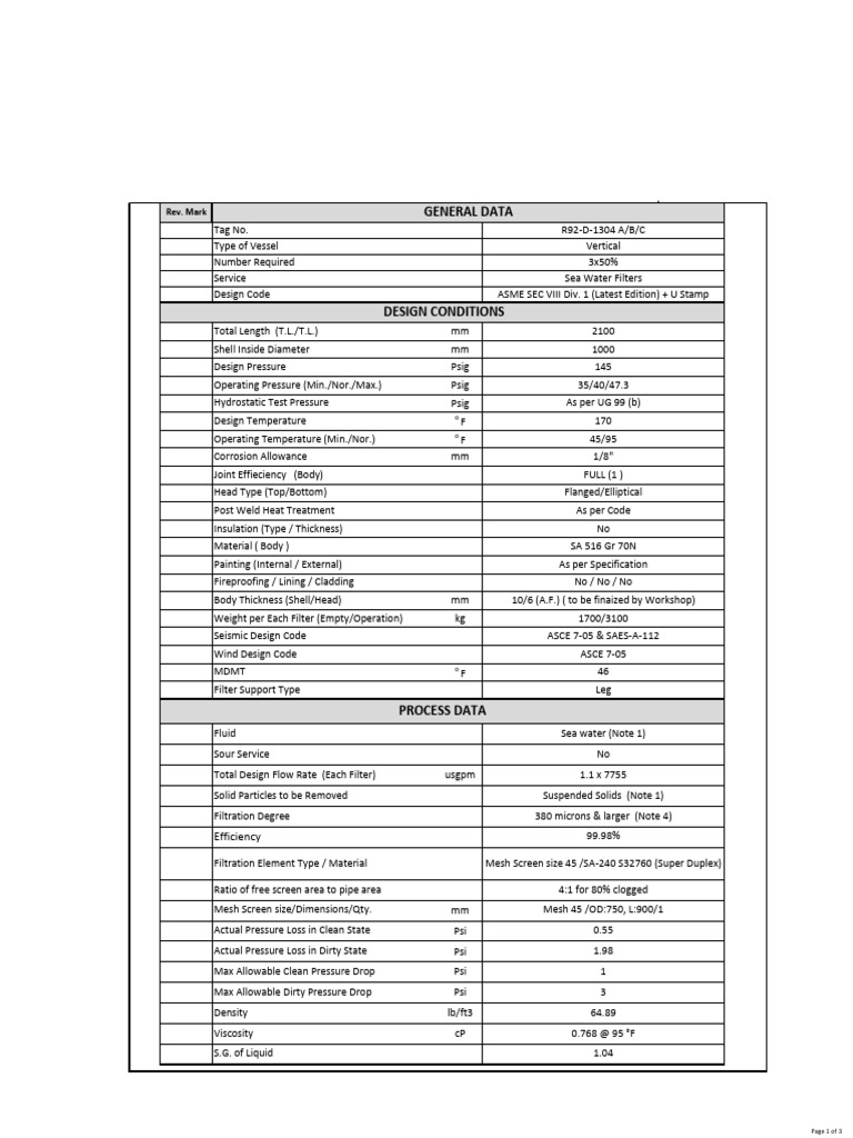 Data Sheet For Sea Water Filters (R92-D-1304 A.B.C) | PDF | Filtration ...