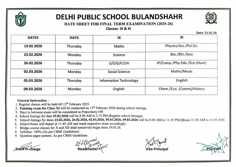 Final Term Date Sheet (2025-26) - Classes IX & XI | PDF