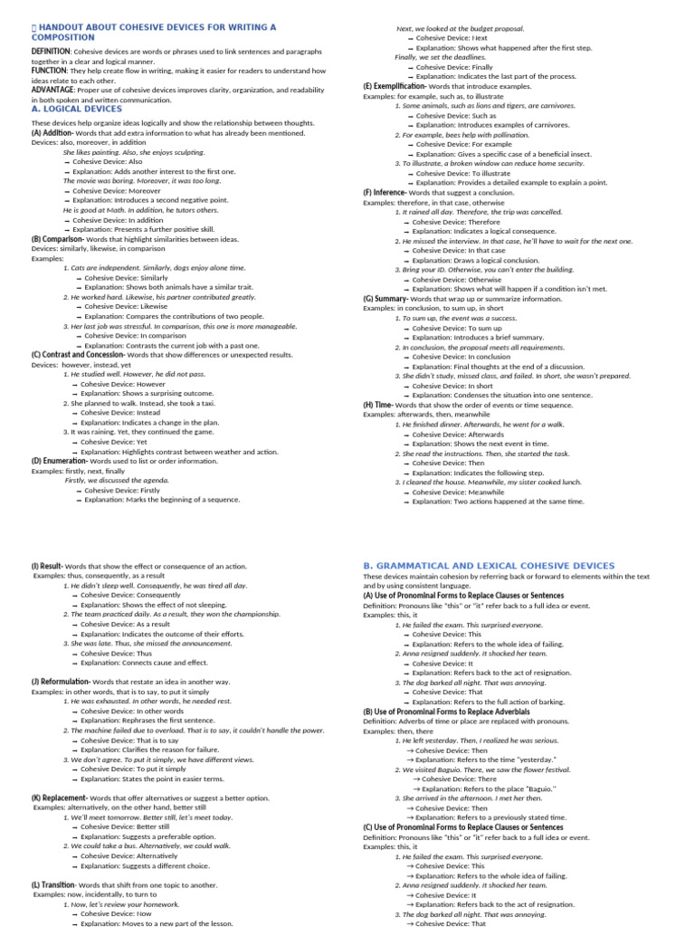 COHESIVE DEVICES FOR WRITING A COMPOSITION - Handout | PDF | Pronoun ...