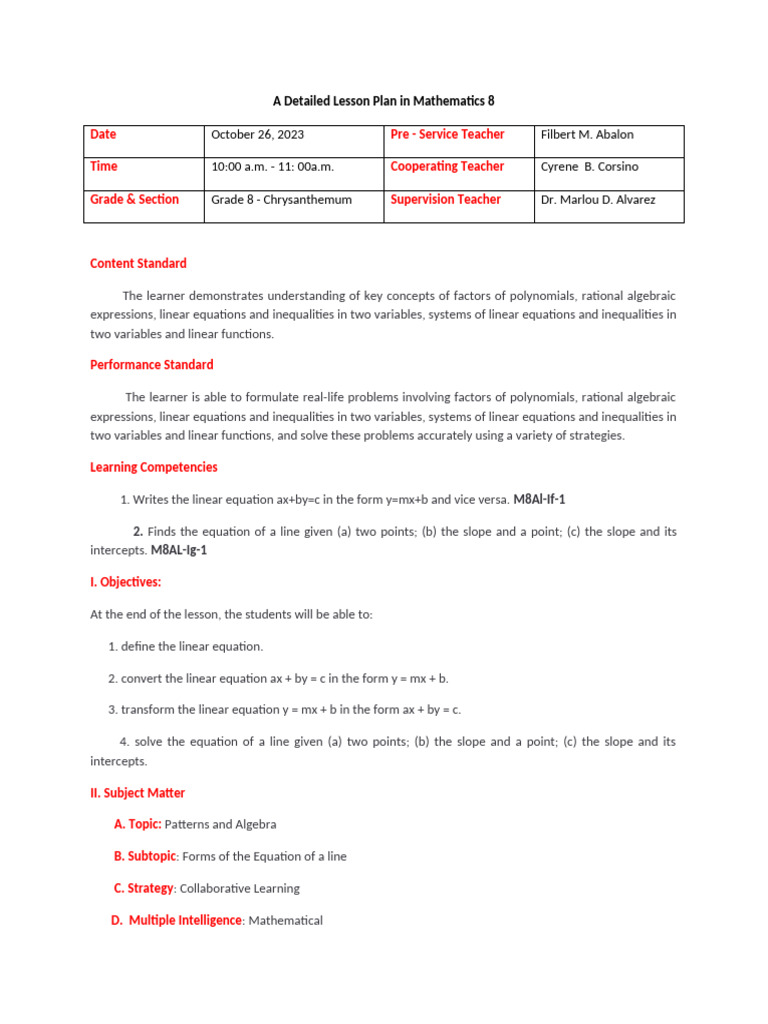 DLP in Math 8 CHRYSANTHEMUM | PDF | Equations | Slope