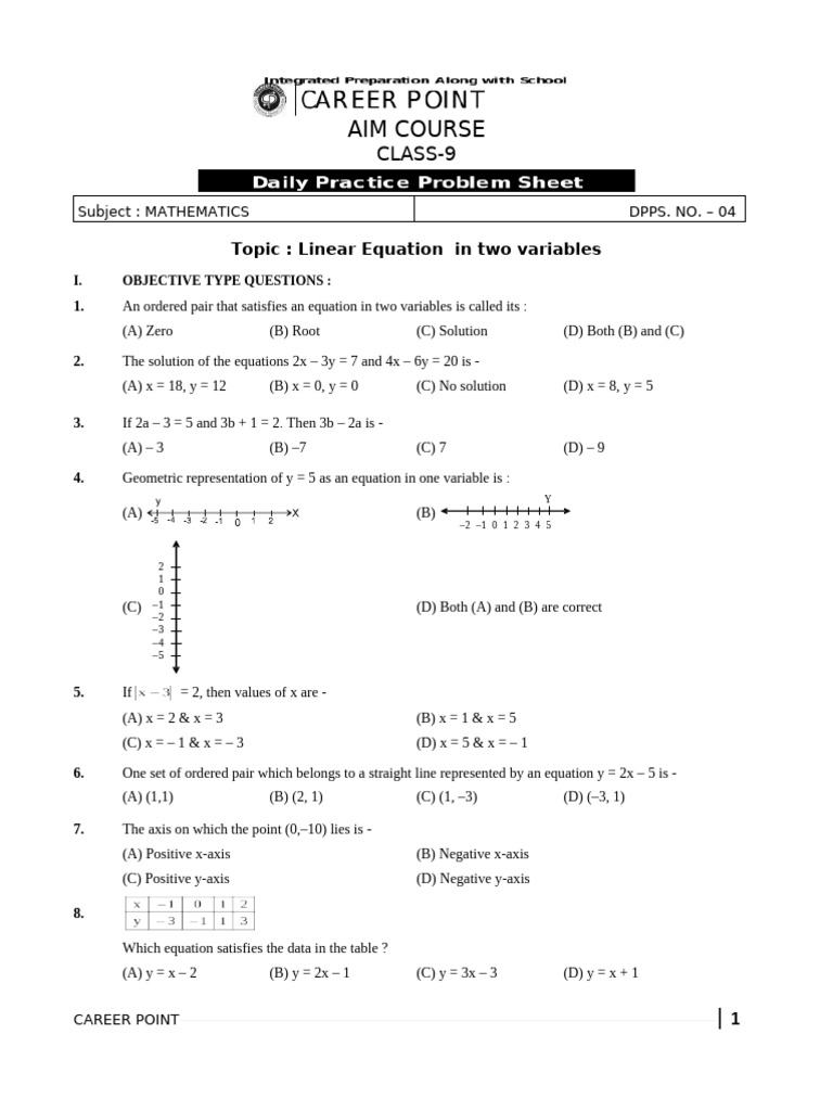 Linear Equation in Two Variables VISTO 1 (2022-23) | PDF | Equations ...