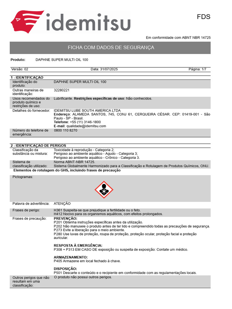 FDS YG854U0013 Daphne Super Multi Oil 100 | PDF | Temperatura | Densidade