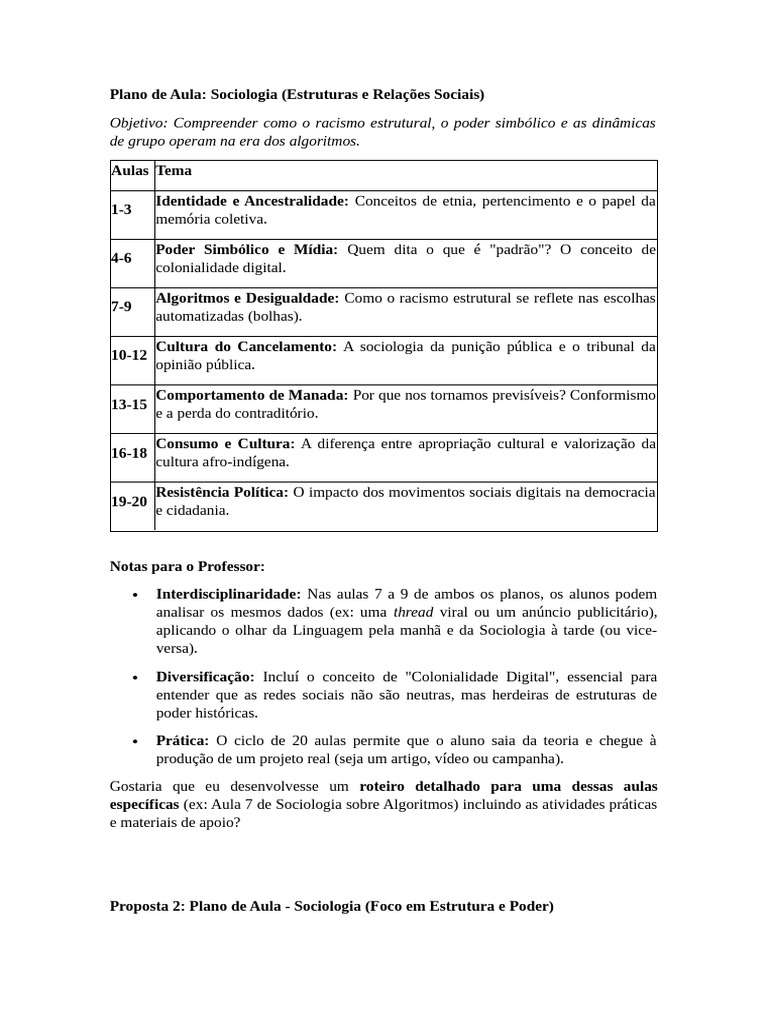 Plano de Aula para o Projeto Integrador II 2026 1 | PDF | Sociologia ...