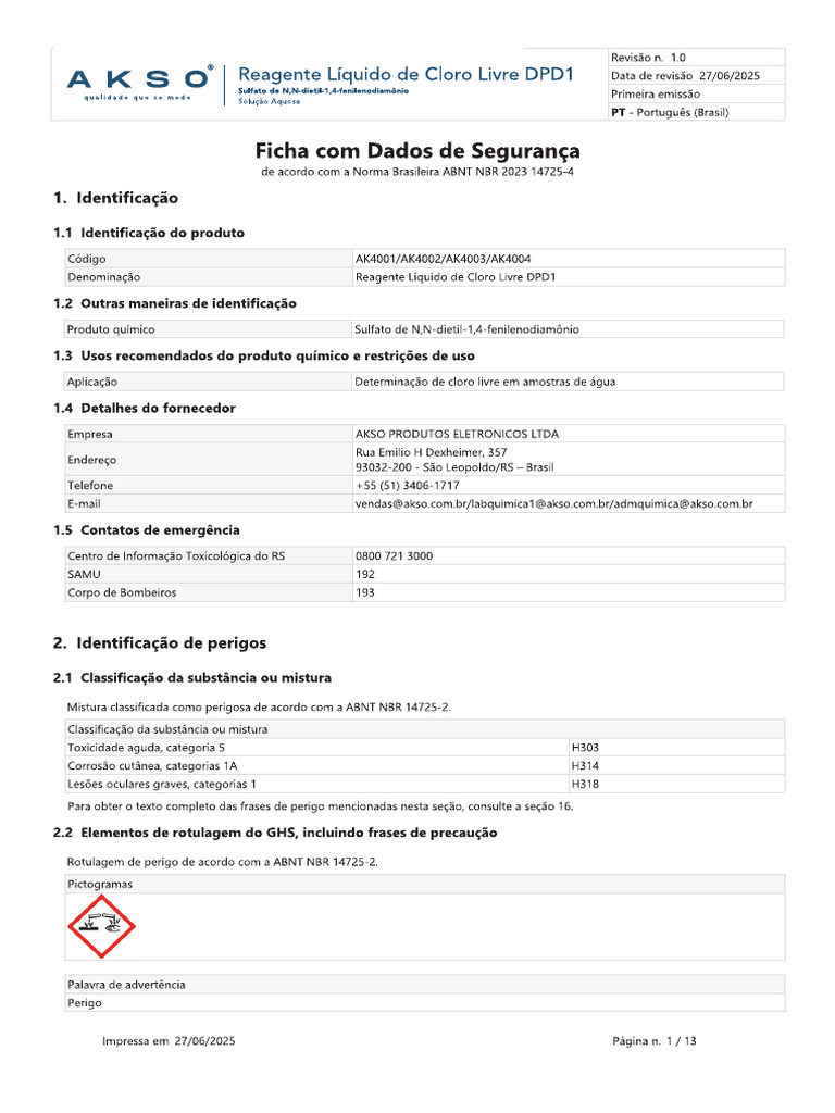 FDS Reagente Liquido de Cloro Livre DPD1 AK4001 AK4002 AK4003 AK4004 PT ...