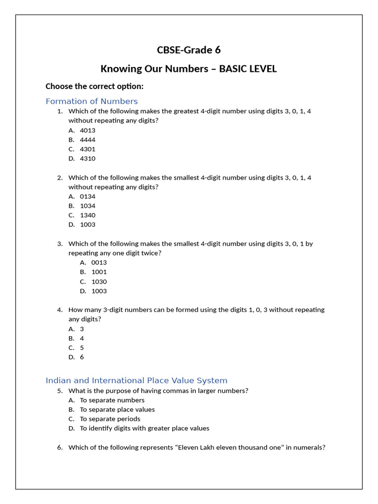 Knowing Our Numbers Worksheet - Basic Grade 6 | PDF | Mathematics ...