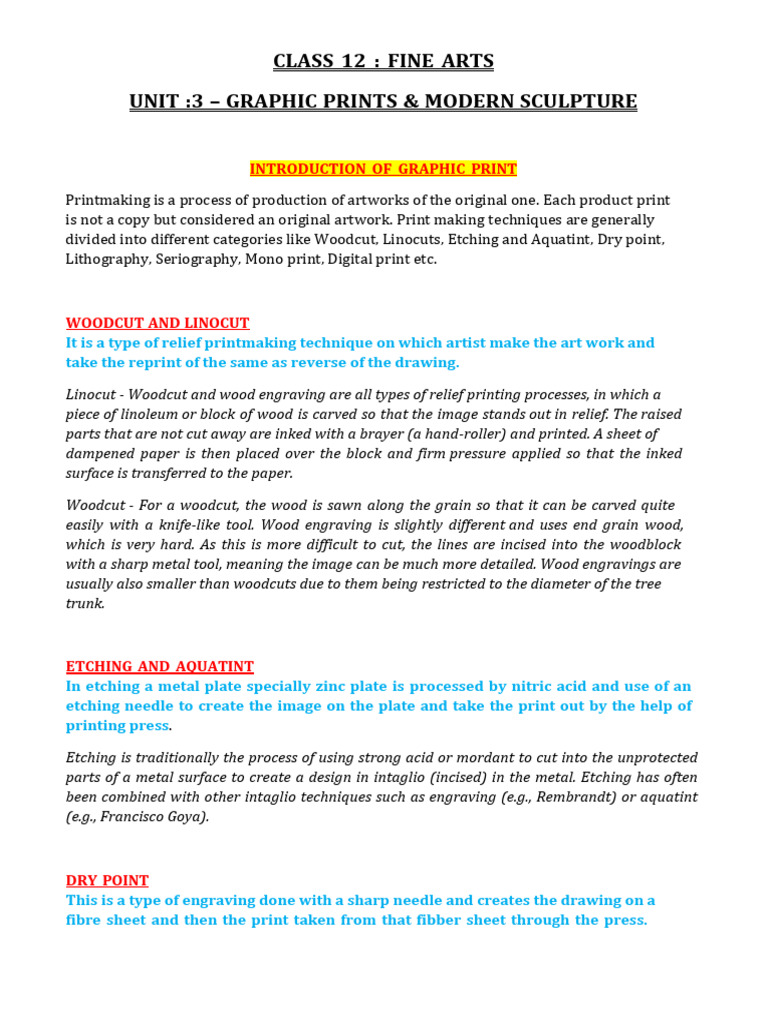 Full Notes Graphic Print and Modern Sculpture Class 12 | PDF ...