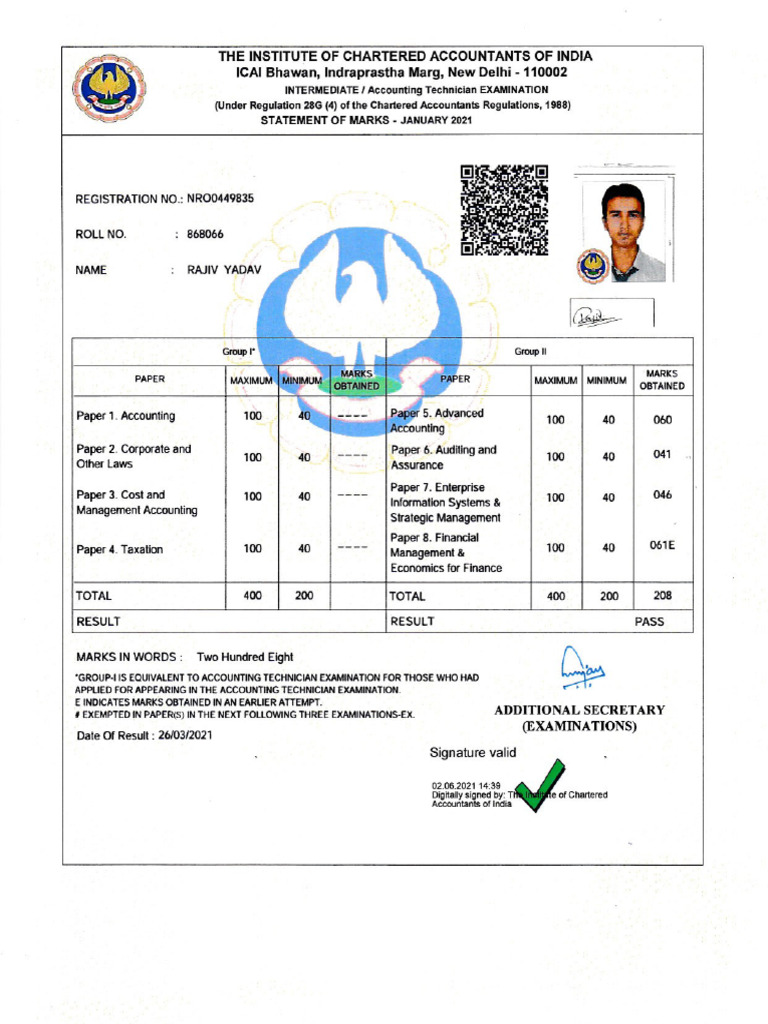 CA Inter GR - 2 Marksheet | PDF