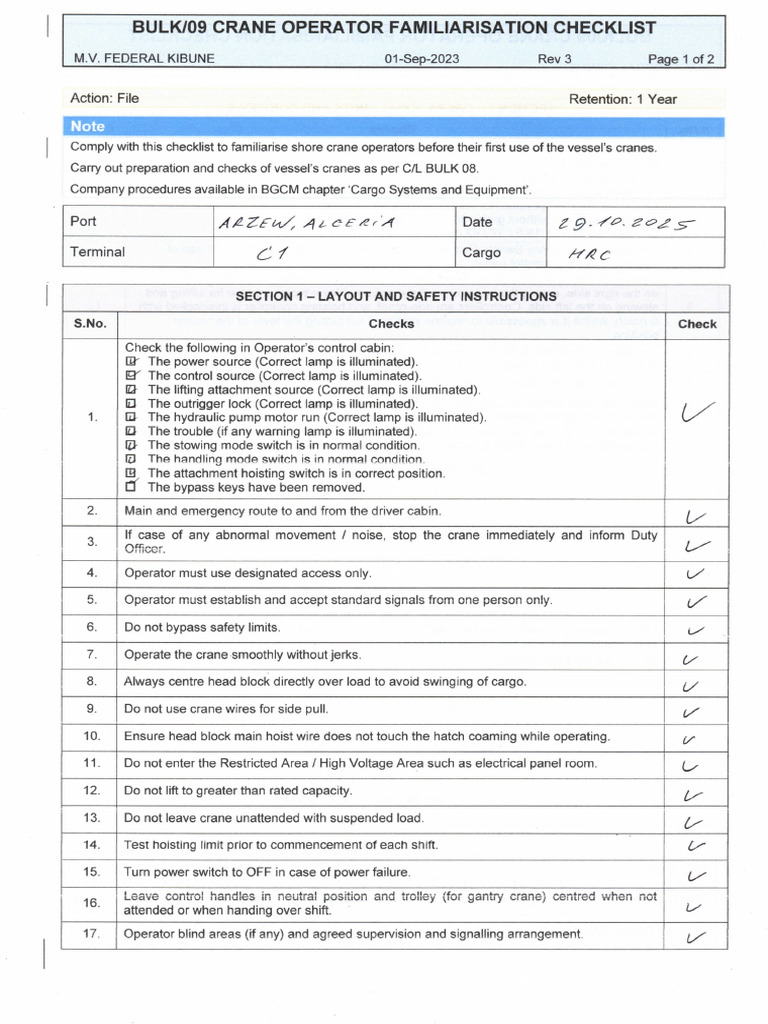 Bulk09 Crane Operator Familiarisation 29.10.2025 | PDF