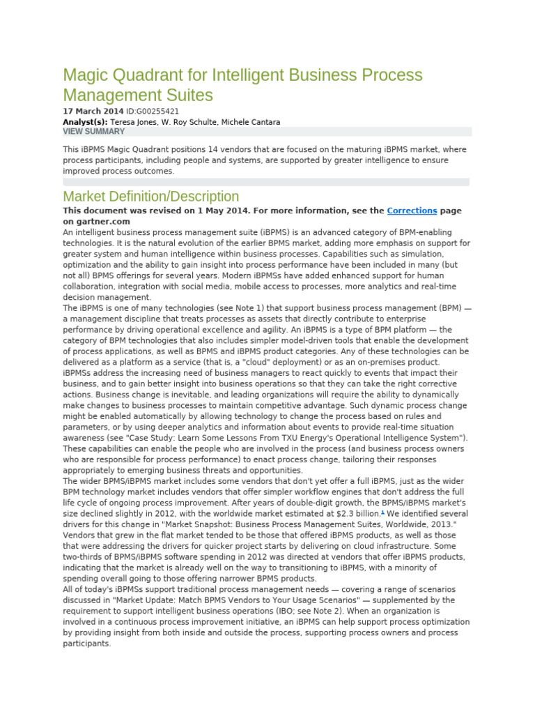 Magic Quadrant For Intelligent Business Process Management Suites | PDF