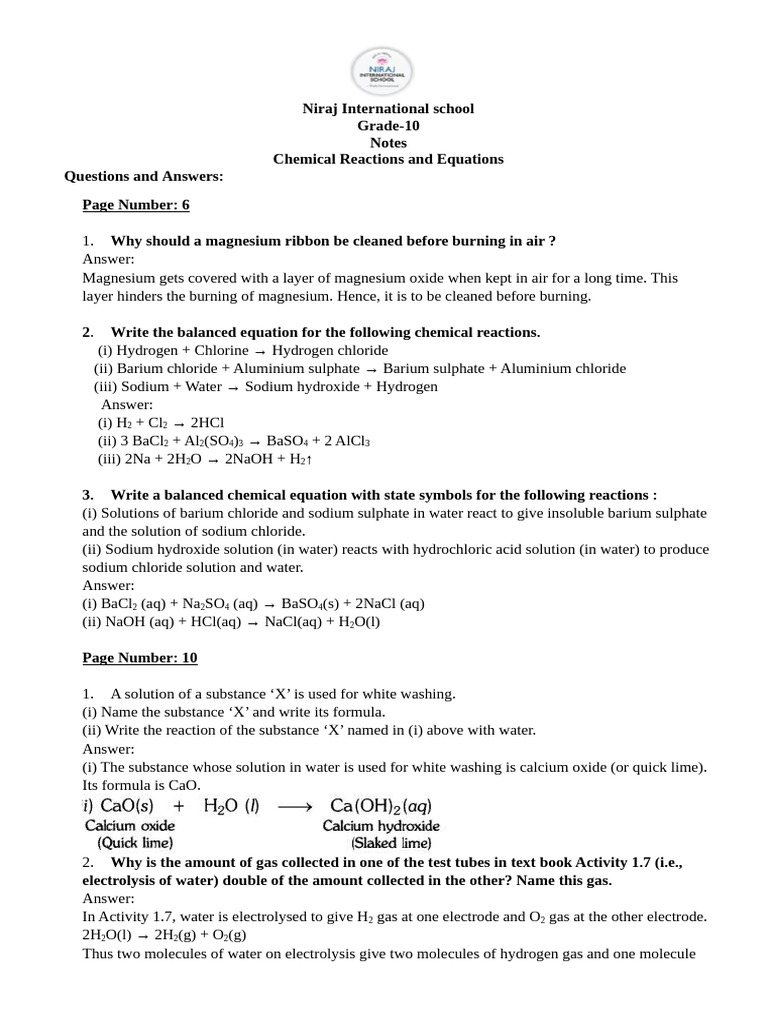 Chemical Reactions and Equations - In-Text Questions and Answers | PDF ...