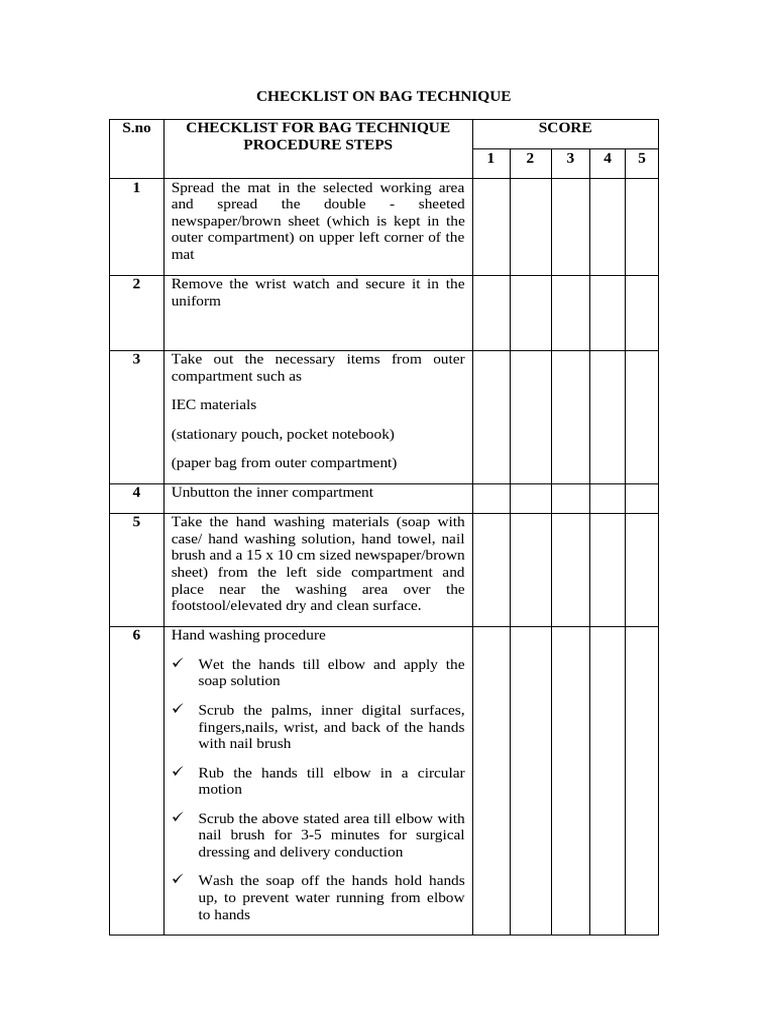 Checklist On Bag Technique | PDF | Hand Washing