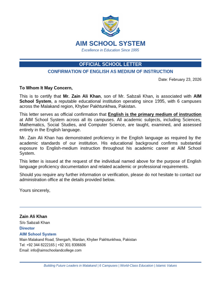 AIM English Proficiency Letter Zain Ali Khan | PDF