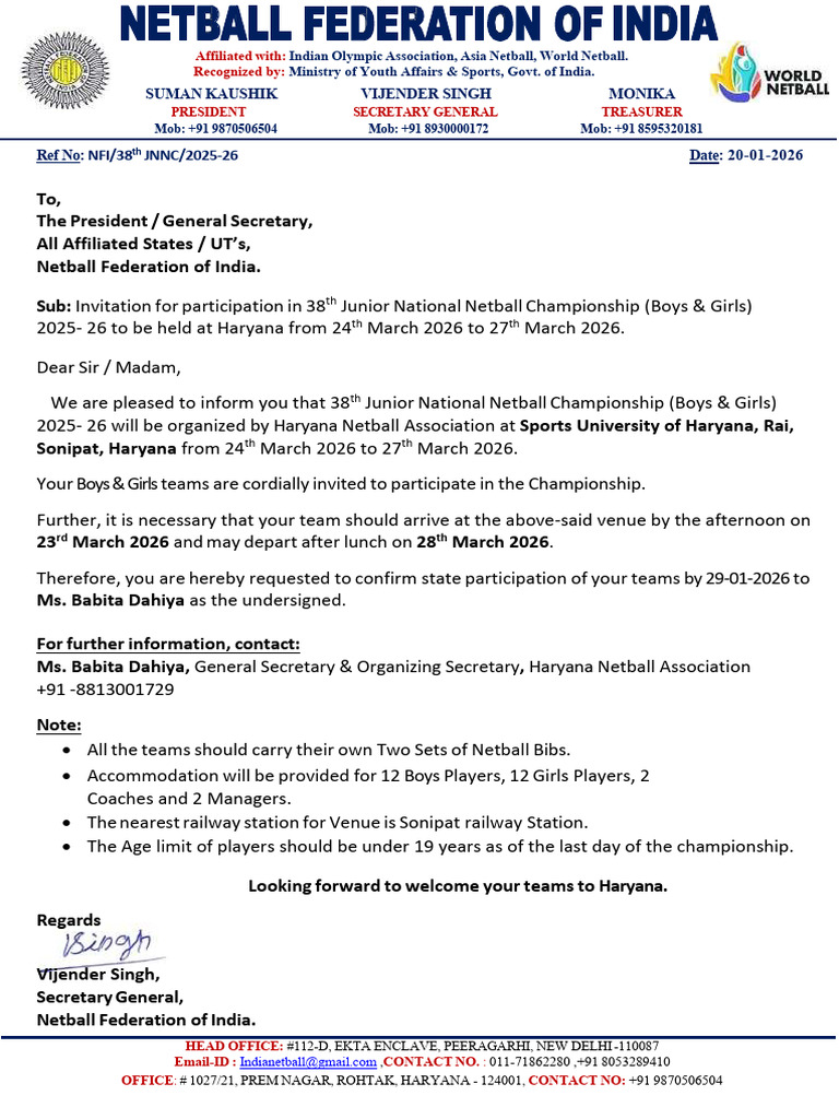 38th Junior National Netball Invitation | PDF