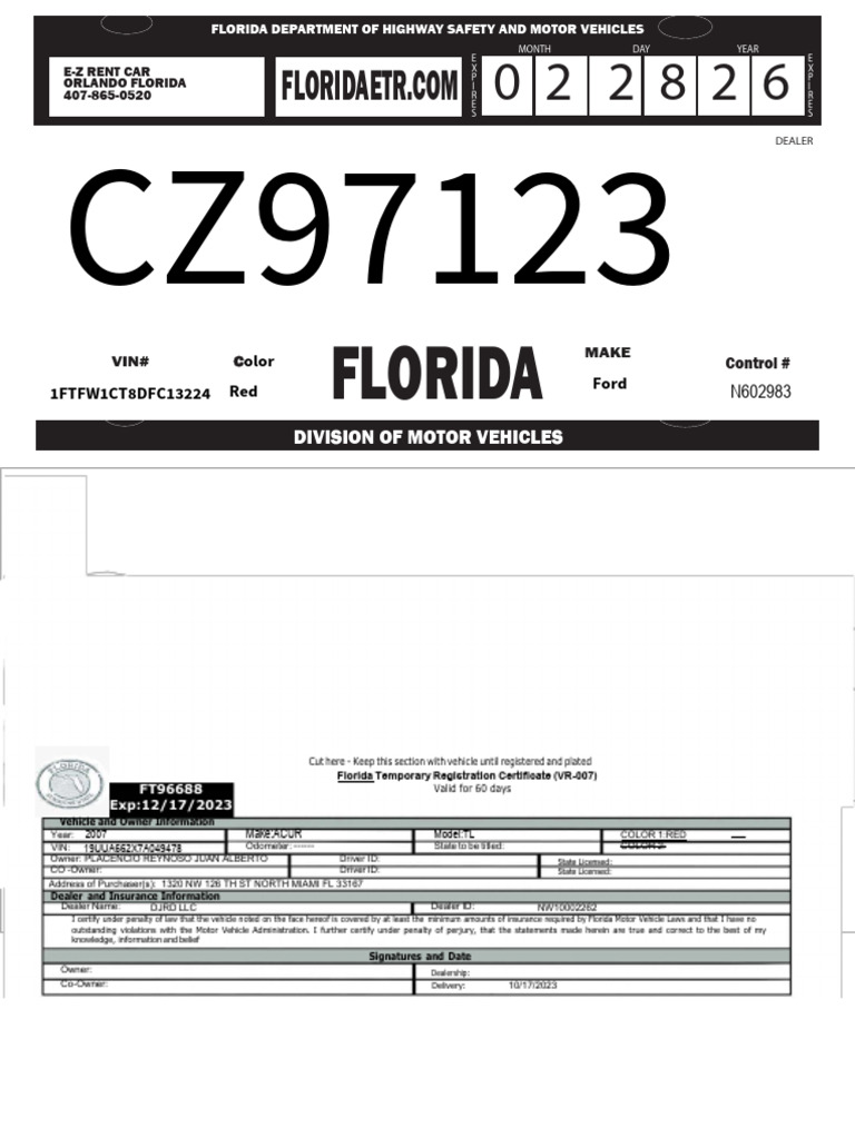 Florida Temp Tag Final | PDF | Department Of Motor Vehicles | Car