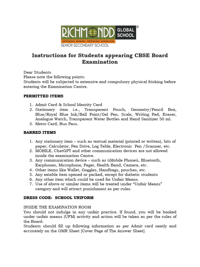 Instructions For Students Appearing CBSE Board Examination | PDF