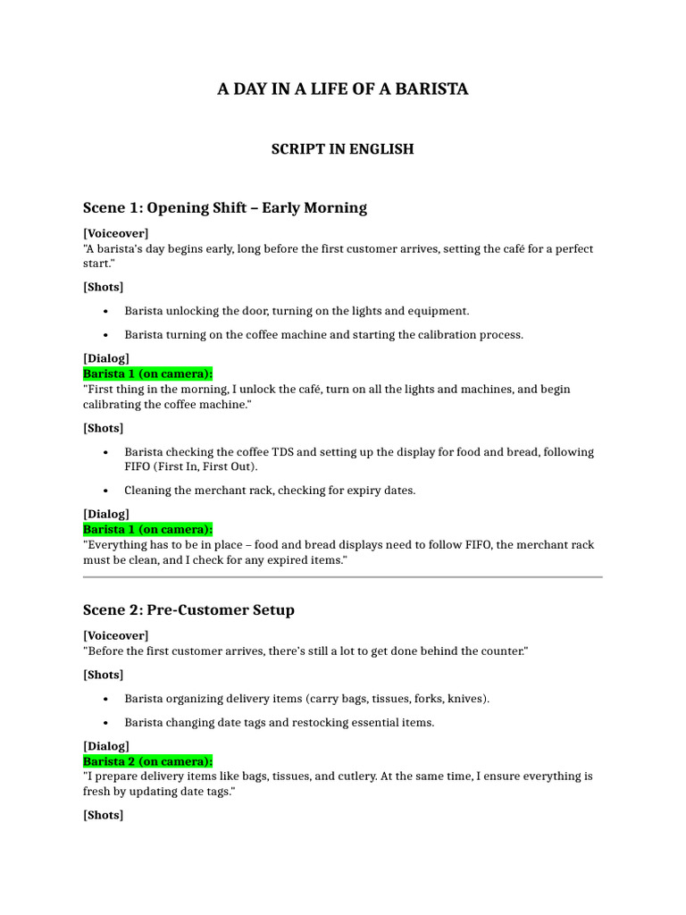 A Day in A Life of A Baristas, Cafe Manager Script Updated | PDF