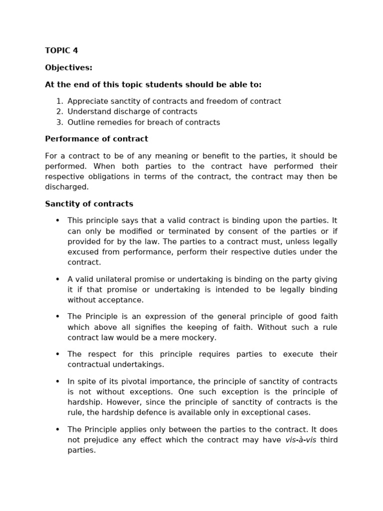 Topic 4 Performance of Contracts | PDF | Breach Of Contract | Injunction