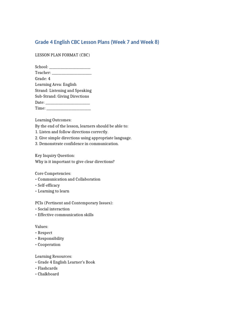 Grade 4 English CBC Lesson Plans Week 7 8-2 | PDF