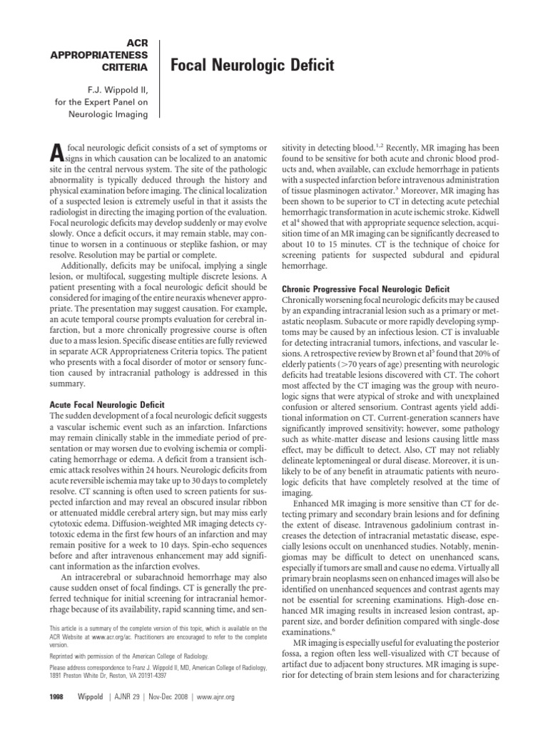 Focal Neurologic Deficit | PDF | Magnetic Resonance Imaging | Ct Scan