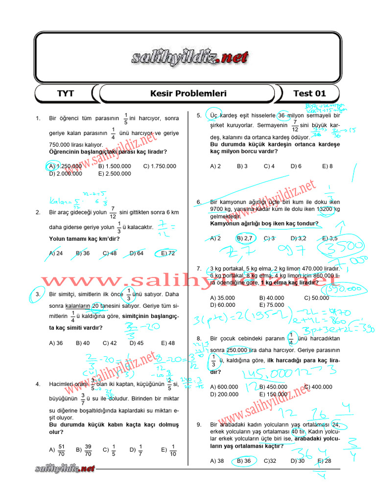 TYT Kesir Problemleri TEST 01 | PDF
