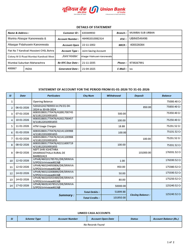 464xxxxxxxxx314 Union Bank Statement | PDF | Financial Technology ...