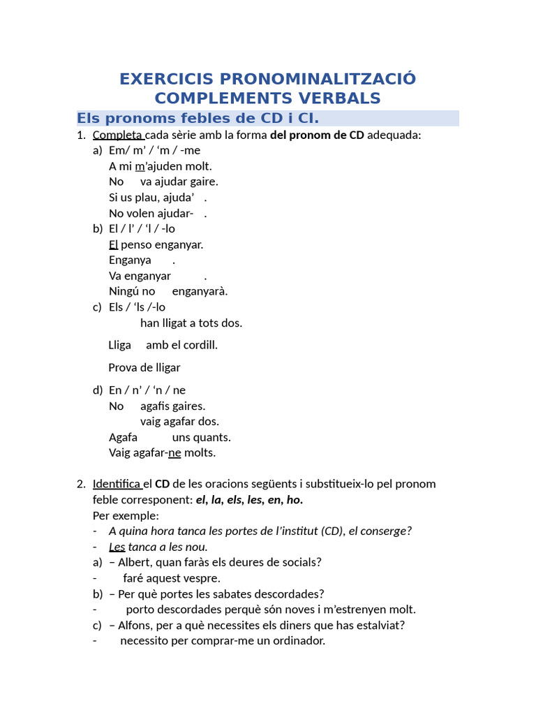 Exercicis Pronominalització | PDF