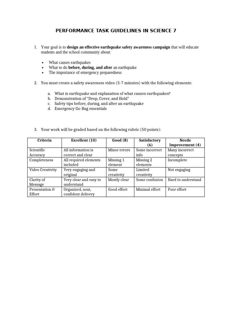 Performance Task Guidelines in Science 7 | PDF
